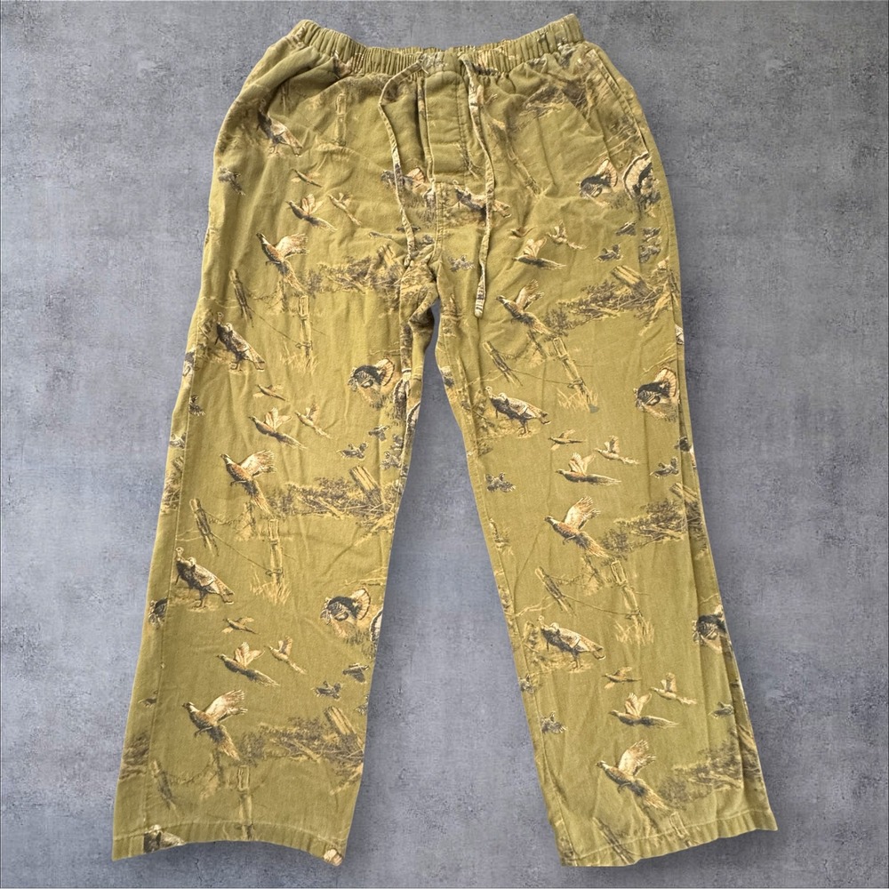 North River Bird Print Flannel Lounge Pants Large Green Turkey Pheasant